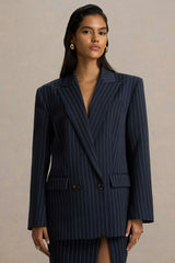 Alana | Navy Pinstripe Plunge-Neck Oversized Blazer