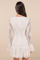 Darling Era Ivory Lace Applique Long Sleeve Ruffled Mini Dress