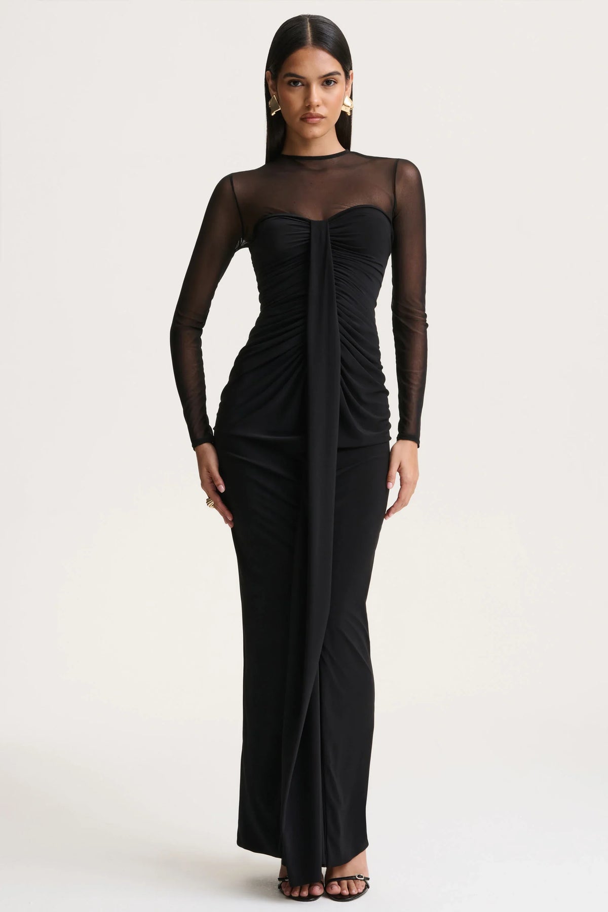 Cadenza | Black Crew-Neck Maxi Dress With Mesh And Gathered-Detailing