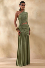 Kinsley | Olive Asymmetric-Neck Maxi Dress With Body Cut-Out Detail