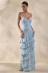 Avelisse | Blue Lace Plunge-Neck Maxi Dress With Ruffled Detailing