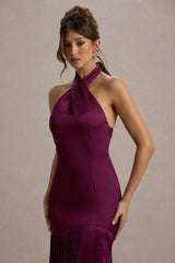 Sansa | Burgundy Satin Cross Halter-Neck Plisse Maxi Dress