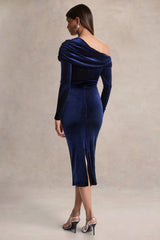 Eirene | Blue Velvet Asymmetric-Neck Midi Dress