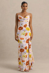 Thames | Bright Floral Print Satin Cowl-Neck Maxi Dress