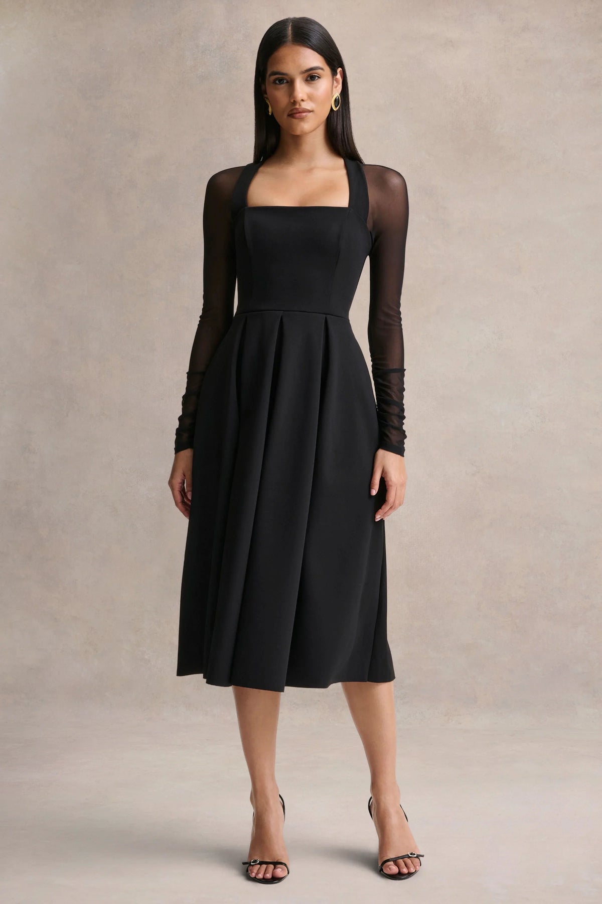 Melinda | Black Square-Neck Midi Dress With Mesh Detailing