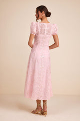 Elfrieda Blush Floral Embroidered Puff Sleeve Midi Dress