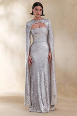 Devora | Silver Sequin Crew-Neck Maxi Dress With Cape Sleeves