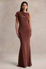 Blaire | Brown Asymmetric-Neck Maxi Dress With Gold-Detailing