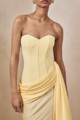 Oakley | Lemon Satin Bandeau Maxi Dress With Draped Skirt