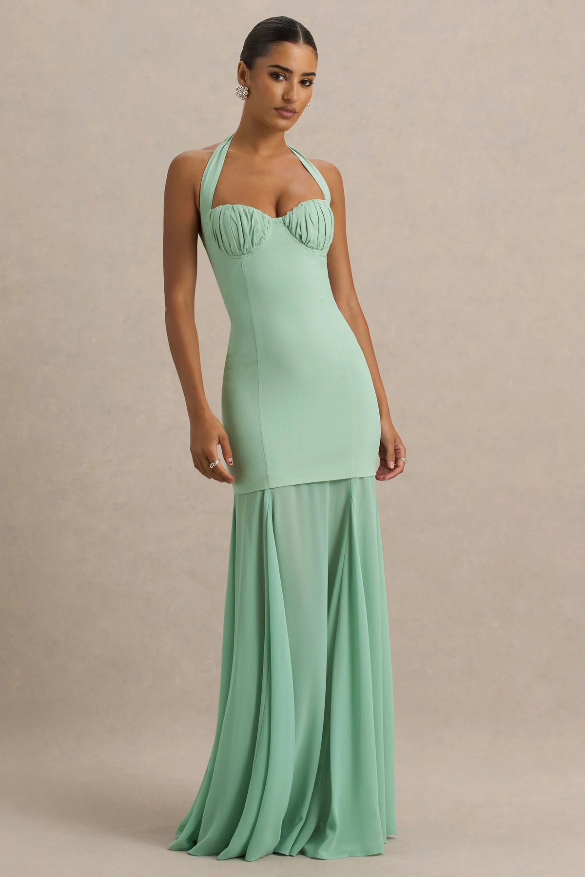Kirby | Sage Corset Halter-Neck Maxi Dress With Sheer Detail
