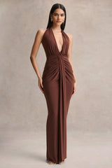 Lesley | Brown Plunge-Neck Maxi Dress