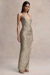 Gio | Champagne Sequin Plunge-Neck Wrap Maxi Dress With Ruched Detailing