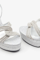 Doll Drama | Silver Glitter Diamante Strappy Platform Heels