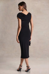 Mirelda | Black Asymmetric-Neck Midi Dress With Gold-Detail
