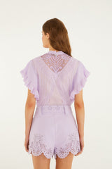 Lilac Geometric Richelieu Twill Belted Shorts