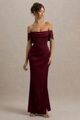 Annie | Burgundy Satin Bardot Maxi Dress With Split Wrap Skirt