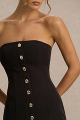 Briella | Black Bandeau Midi Dress With Gold-Button Detailing