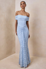 Elinor | Powder Blue Lace Bardot-Neck Maxi Dress With Gathered-Detailing