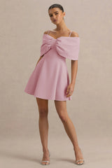 Faria | Blush Pink Short-Sleeve Bardot Mini Dress With Bow Detail