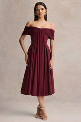 Dearest | Burgundy Bardot-Neck Midi Dress