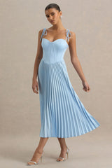 Peyton | Powder Blue Satin Sweetheart-Neck Midi Dress With Pleated Details