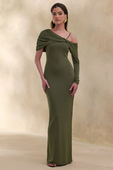 Silvaria | Olive Twisted Asymmetric-Neck Maxi Dress