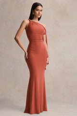 Vista | Rust Asymmetric-Neck Maxi Dress With Knot-Sleeve Detail