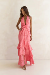 Heartbeat Haze Halter Maxi Dress Coral Orange