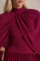 Honora | Burgundy High-Neck Midi Dress With Cape-Sleeves