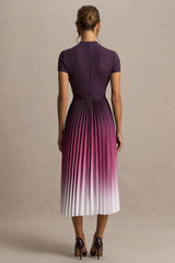 Libby | Burgundy Ombre Woven High-Neck Midi Dress With Pleated Detailing