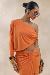 Dua | Orange Asymmetric One-Sleeve Draped Top