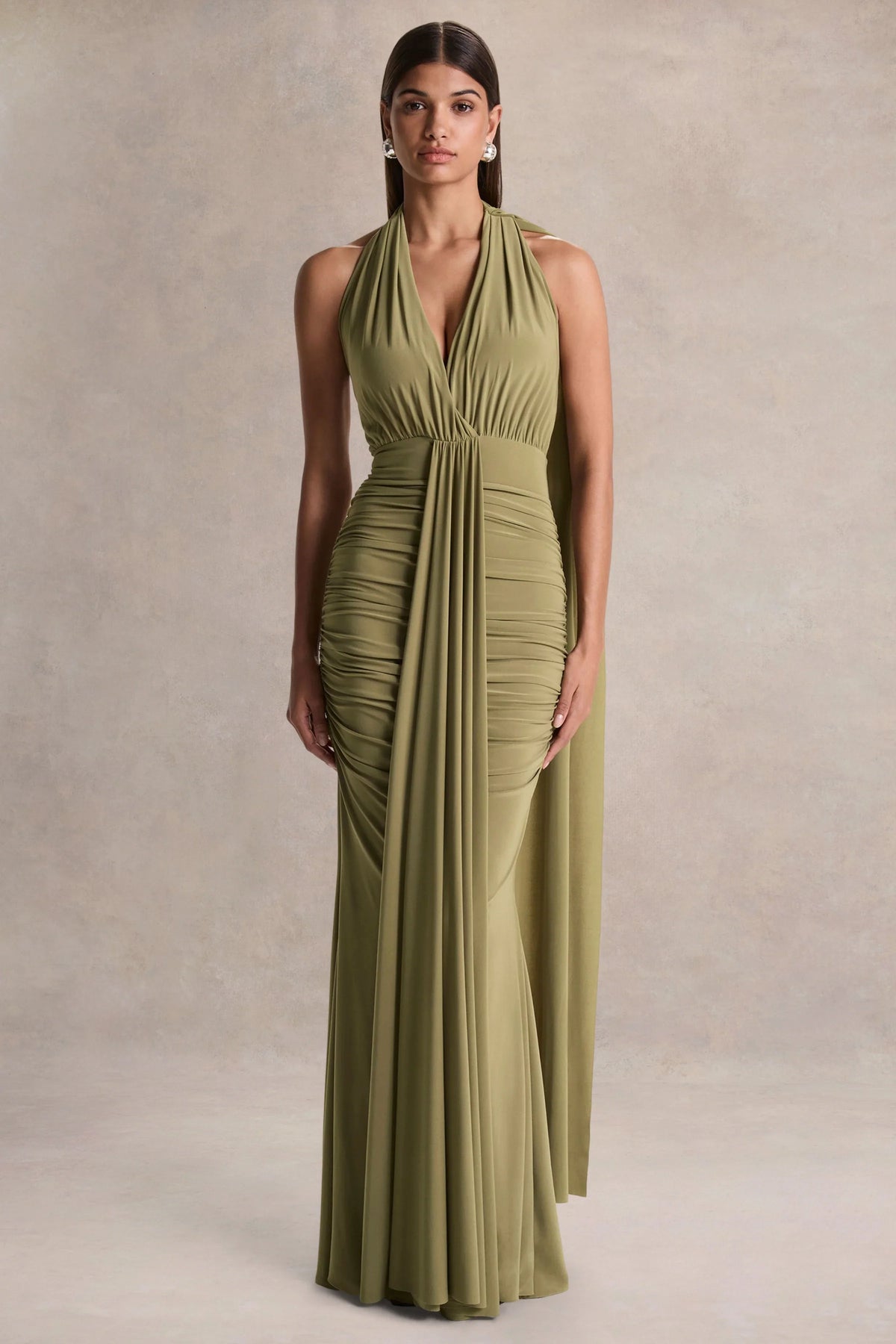 Roselani | Olive Halter-Neck Maxi Dress With Open-Back