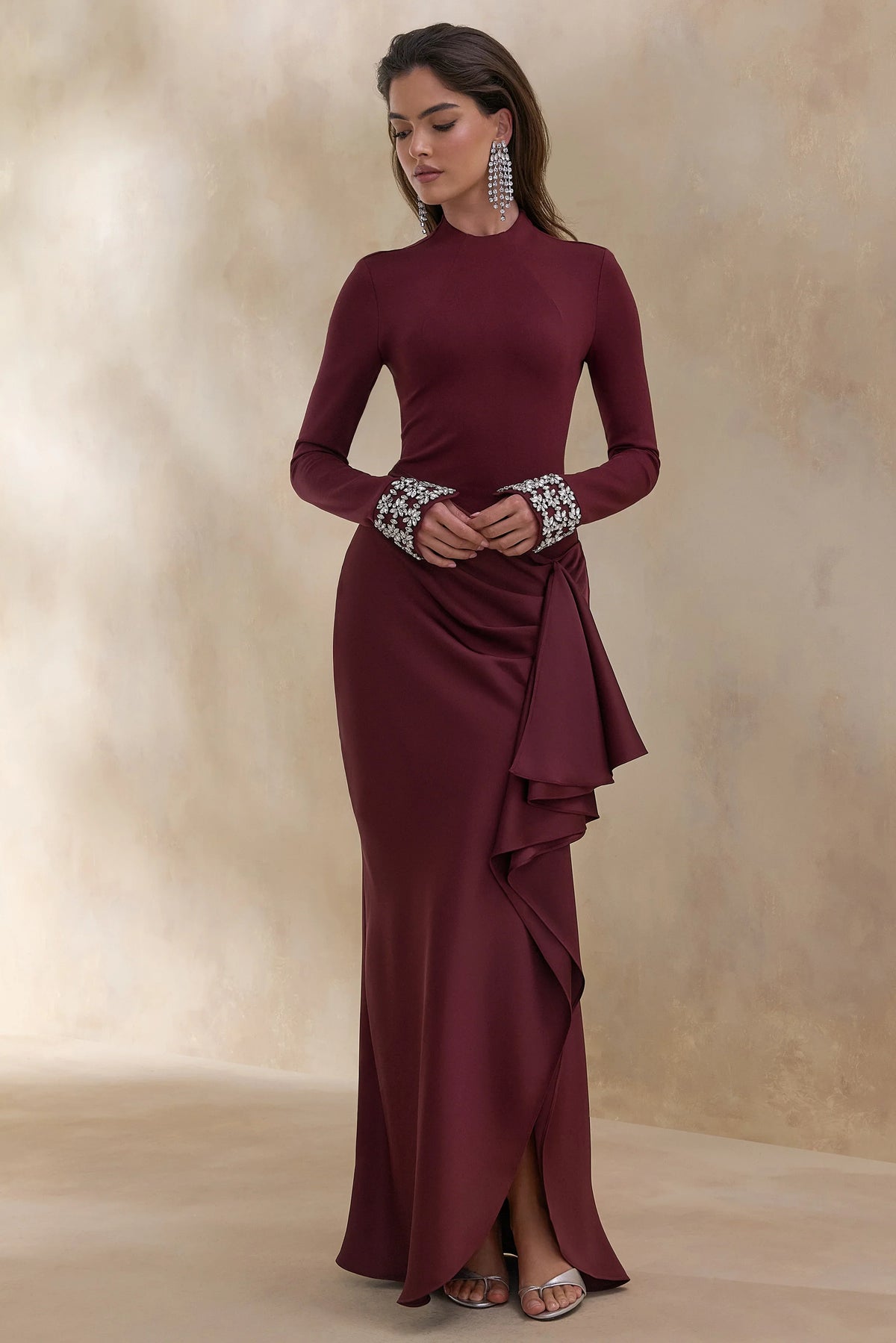 Starred | Burgundy Crew-Neck Maxi Dress With Drop-Waist And Satin Wrap-Skirt