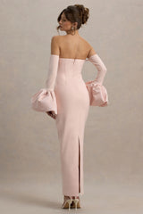 Myah | Pink Bandeau Long-Sleeve Maxi Dress With Puff Cuffs