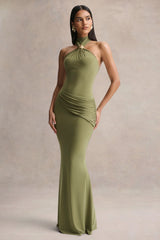 Polina | Olive High-Neck Maxi Dress With Drape And Gold-Detail