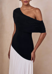 Doroyta | Black And White Asymmetric-Neck Maxi Dress