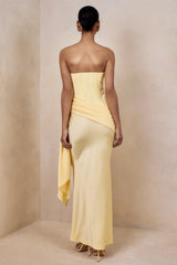 Oakley | Lemon Satin Bandeau Maxi Dress With Draped Skirt