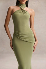 Polina | Olive High-Neck Maxi Dress With Drape And Gold-Detail