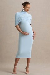 Augustina | Powder Blue Maternity Midi Dress With Cape