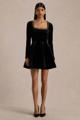 Beloved | Black Velvet Embellished Square-Neck Mini Dress