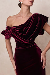 High End | Burgundy Velvet Asymmetric-Neck Midi Dress With Draped Detailing