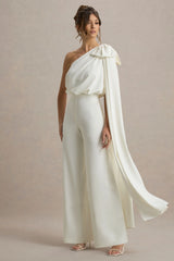 Alice | Cream Asymmetric Bow Shoulder Jumpsuit With Drape
