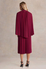 Honora | Burgundy High-Neck Midi Dress With Cape-Sleeves