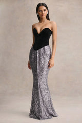 Aeris | Black Velvet And Silver Sequin Plunge-Neck Maxi Dress