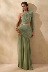 Kinsley | Olive Asymmetric-Neck Maxi Dress With Body Cut-Out Detail