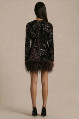 Stardust | Brown Sequined Velvet Crew-Neck Mini Dress With Feather Trim