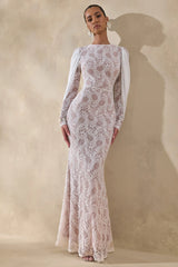 Nabina | White Lace Crew-Neck Maxi Dress With Draped Back-Detail