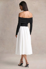 Frederica | Black And White Bardot-Neck Midi Dress