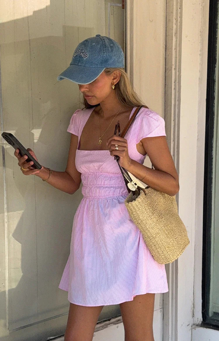Clairo Light Pink Stripe Cap Sleeve Mini Dress