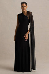 Selena | Black High-Neck Maxi Dress With Cut-Out And Cape Sleeve Detail